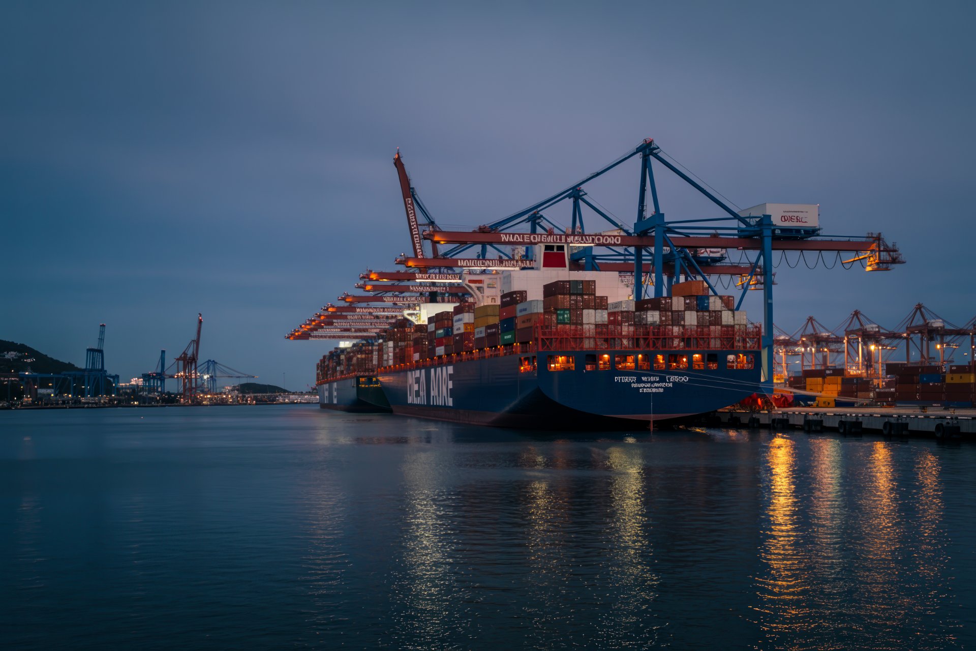 Container ship docked at dusk